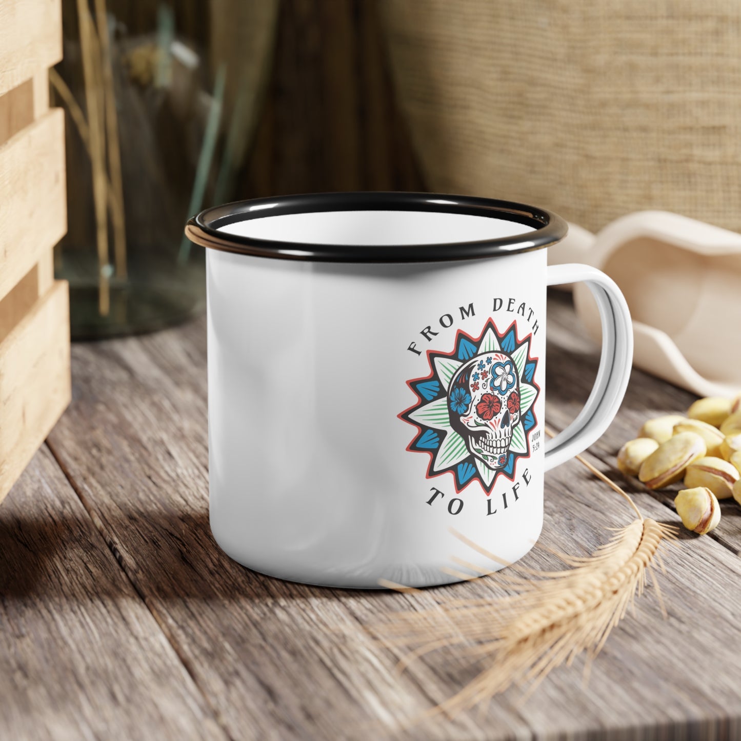Enamel Camp Mug - 'From Death to Life' John 5:24 Scripture Design