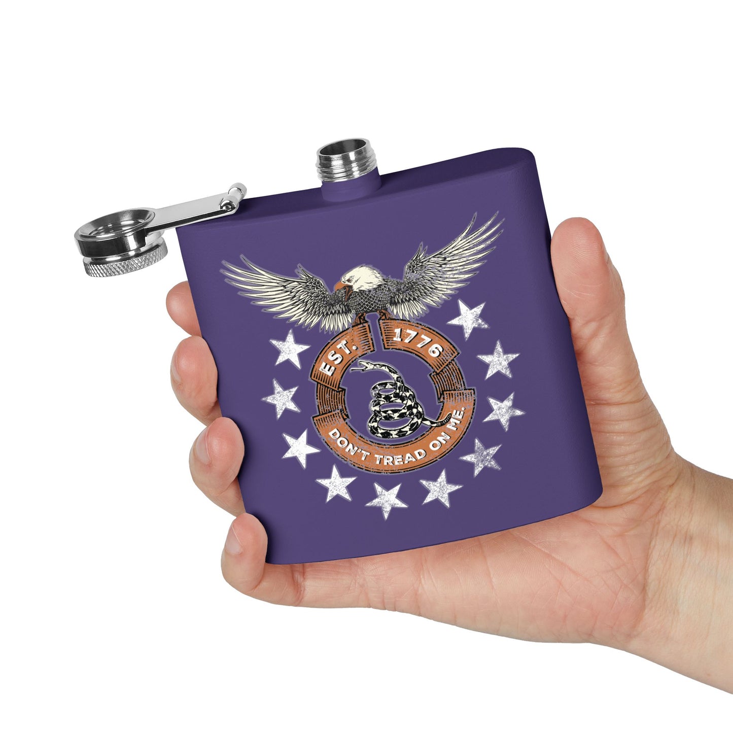 Patriotic Stainless Steel Flask - Screaming Eagle Gadsen Snake USA Design *Blu