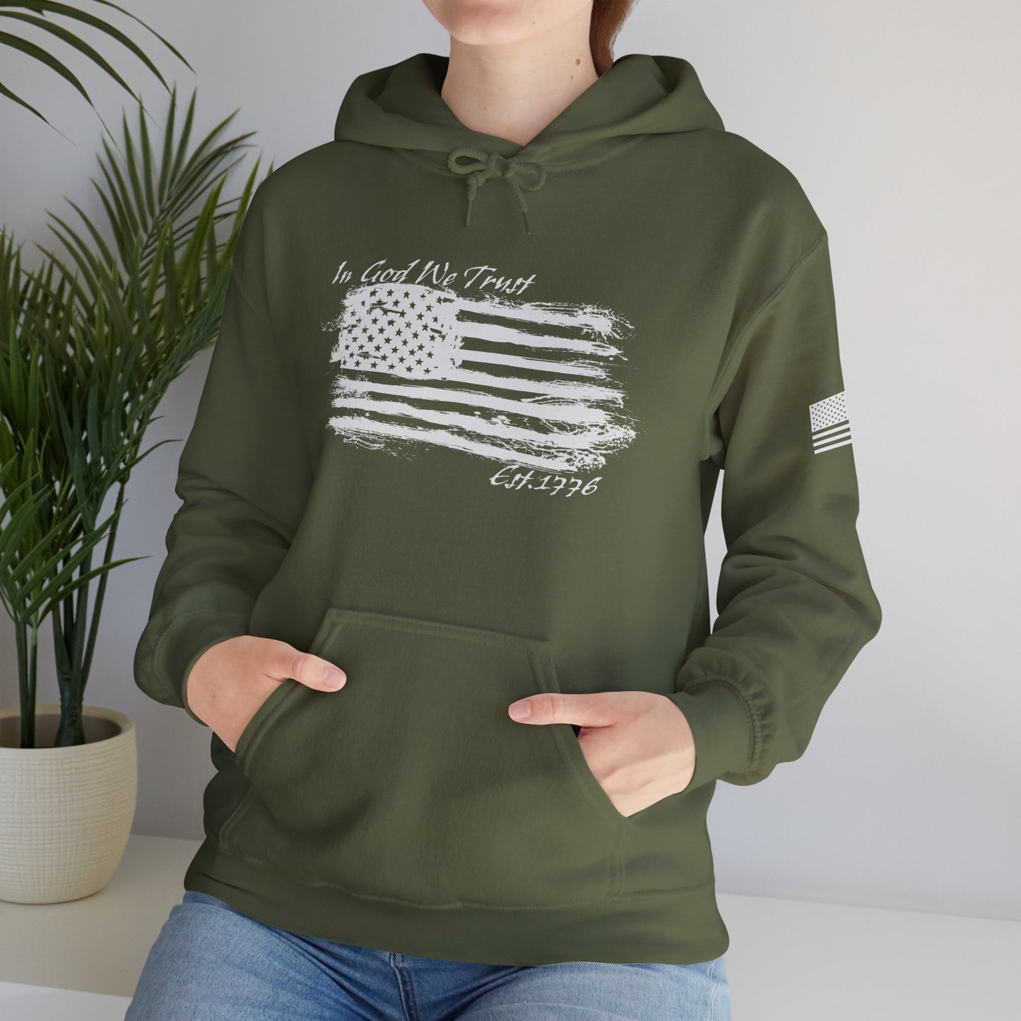 Patriotic "In God We Trust - 1776" Hooded Unisex Sweatshirt *Wht