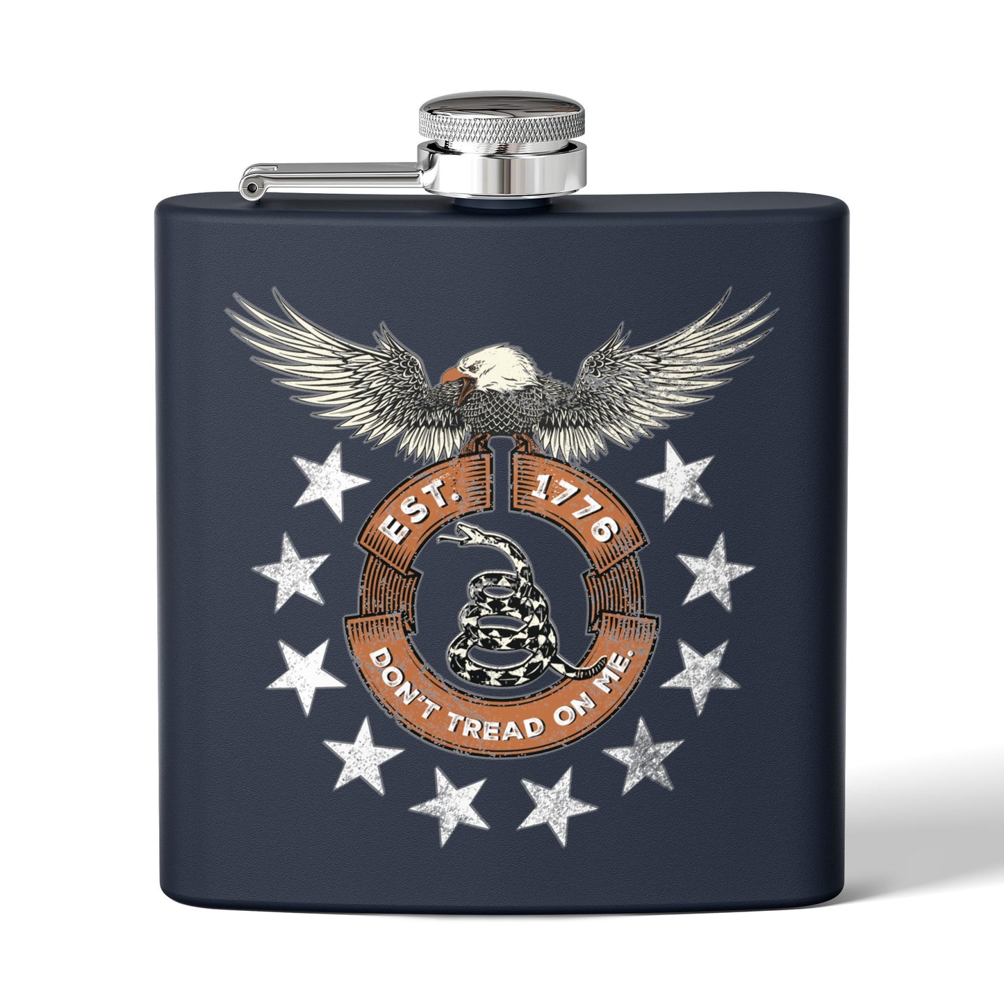 Patriotic Stainless Steel Flask - Screaming Eagle Gadsen Snake USA Design *Blu