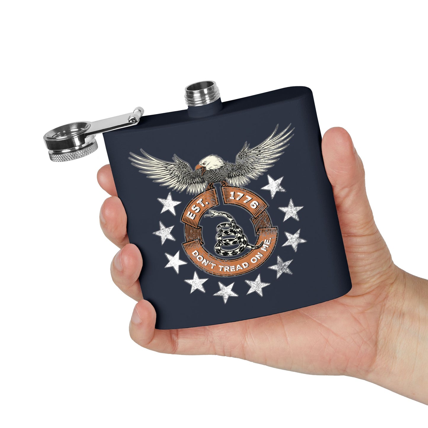 Patriotic Stainless Steel Flask - Screaming Eagle Gadsen Snake USA Design *Blu