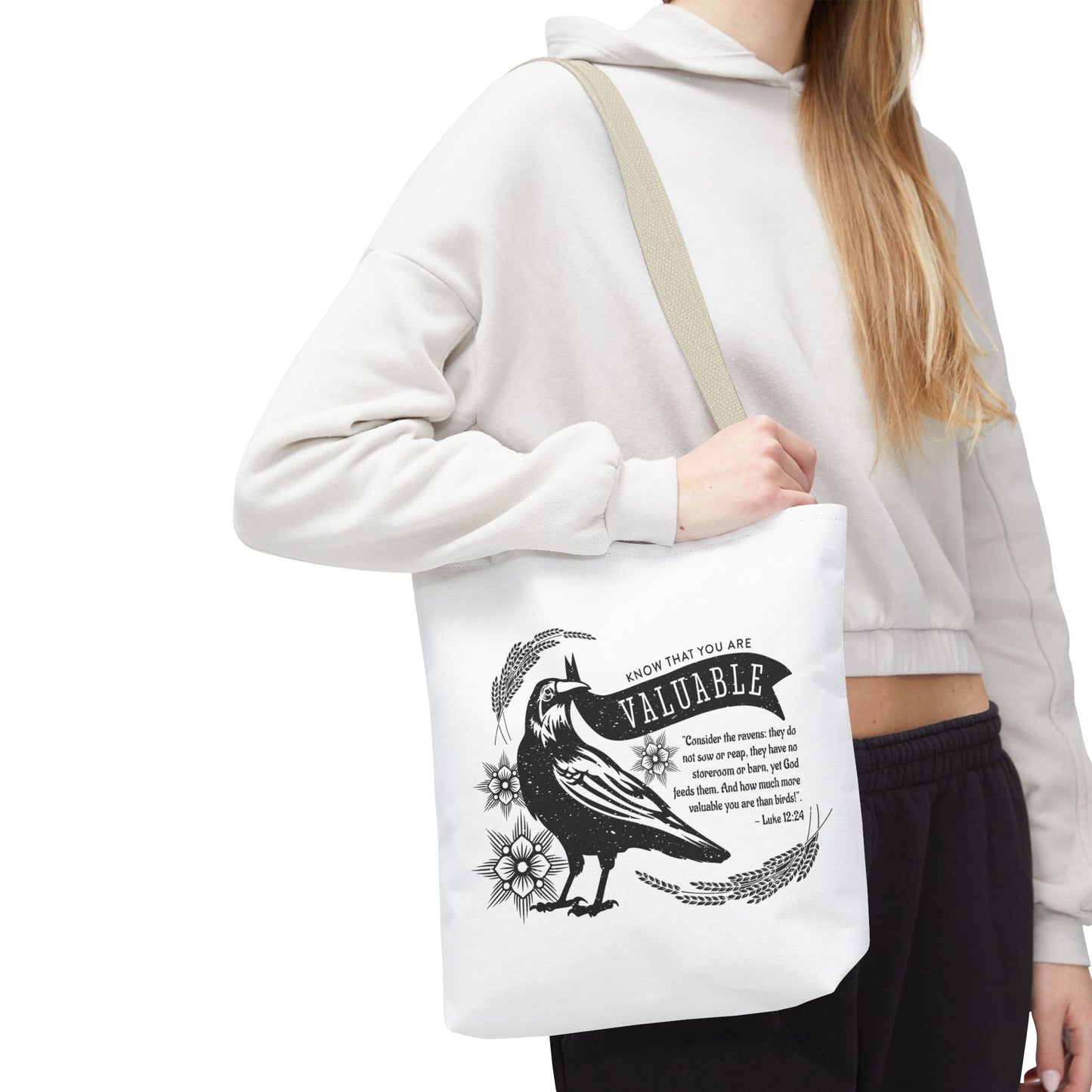 Faith Artistry Tote Bag - Luke 12:24 You are Valuable to God