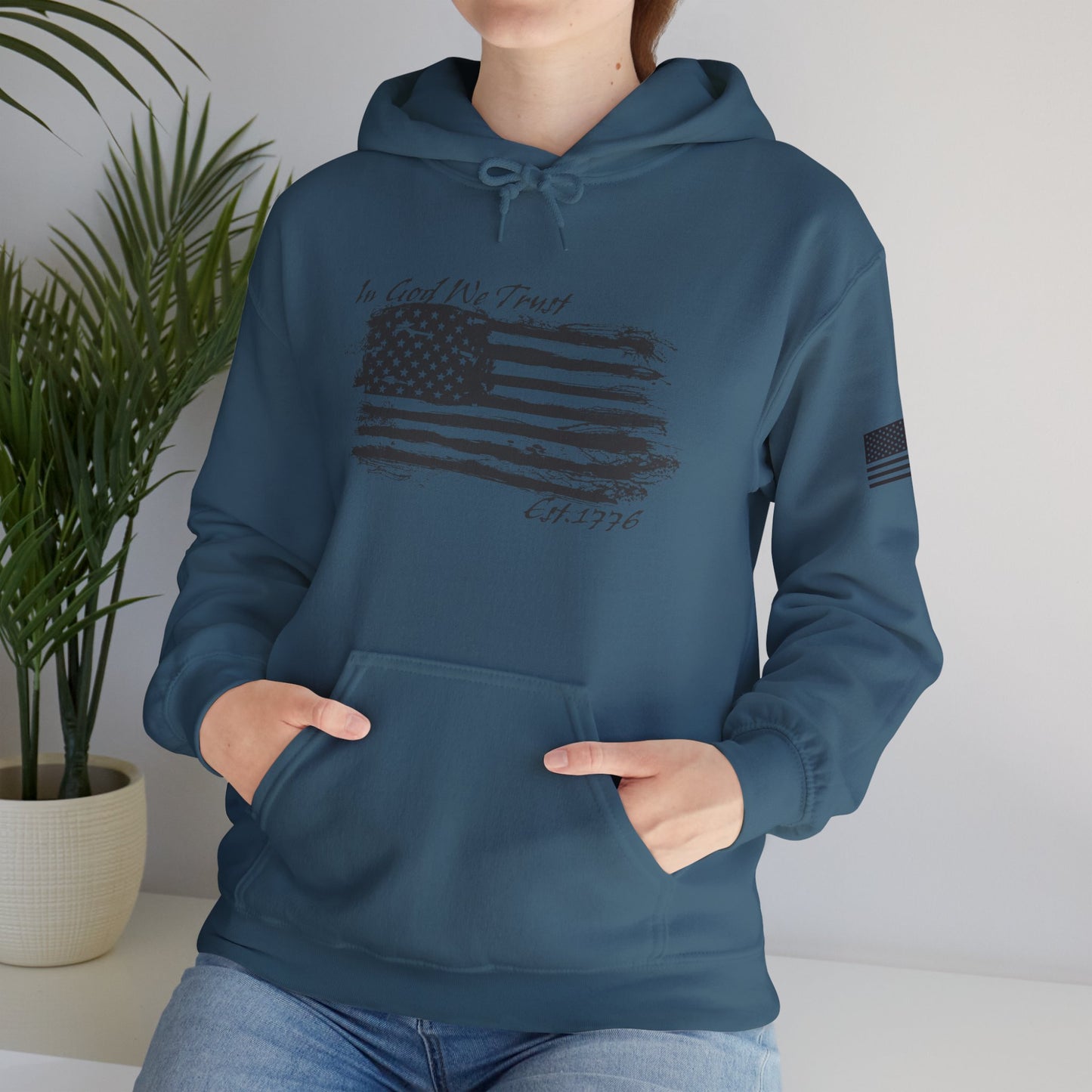 Patriotic "In God We Trust - 1776" Hooded Unisex Sweatshirt *Blk