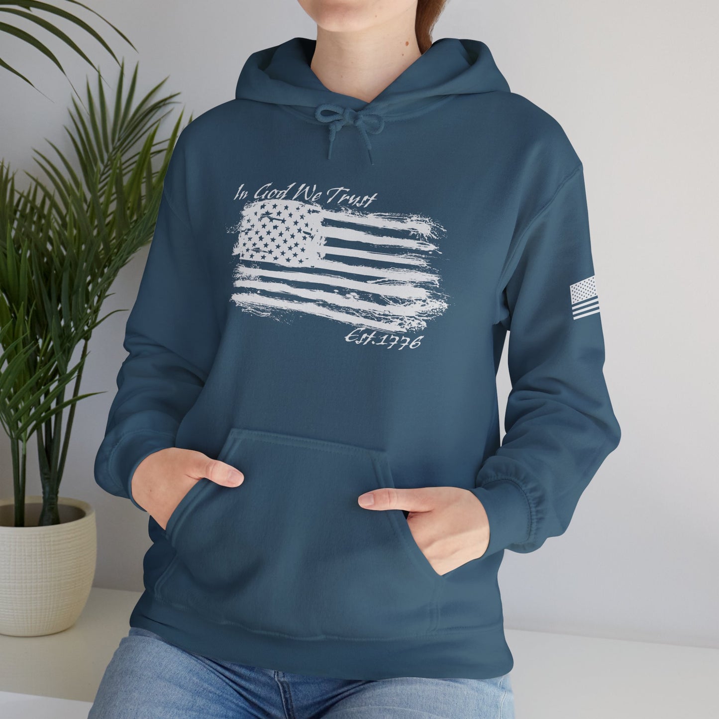 Patriotic "In God We Trust - 1776" Hooded Unisex Sweatshirt *Wht